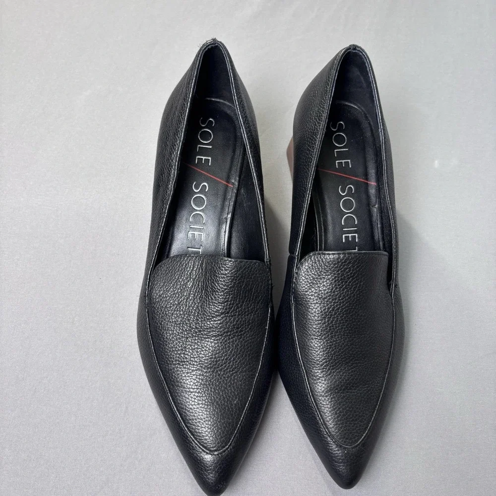 Sole Society Women's 7 Genuine Leather Black Block Heel Slip On Pointed Toe‎